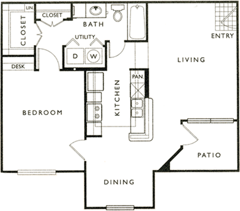 Floor plan for 1 bed, 1 bath, 775 sqft